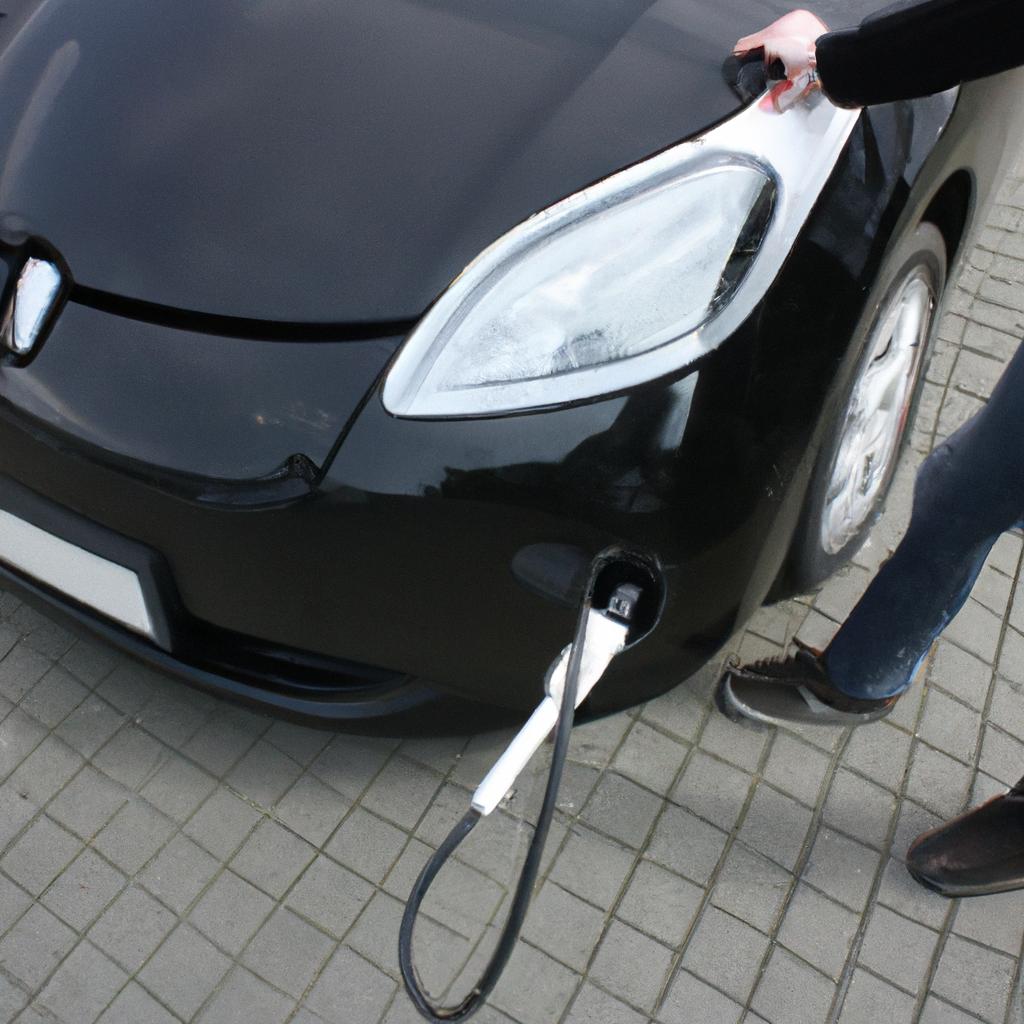 Person charging electric vehicle outdoors